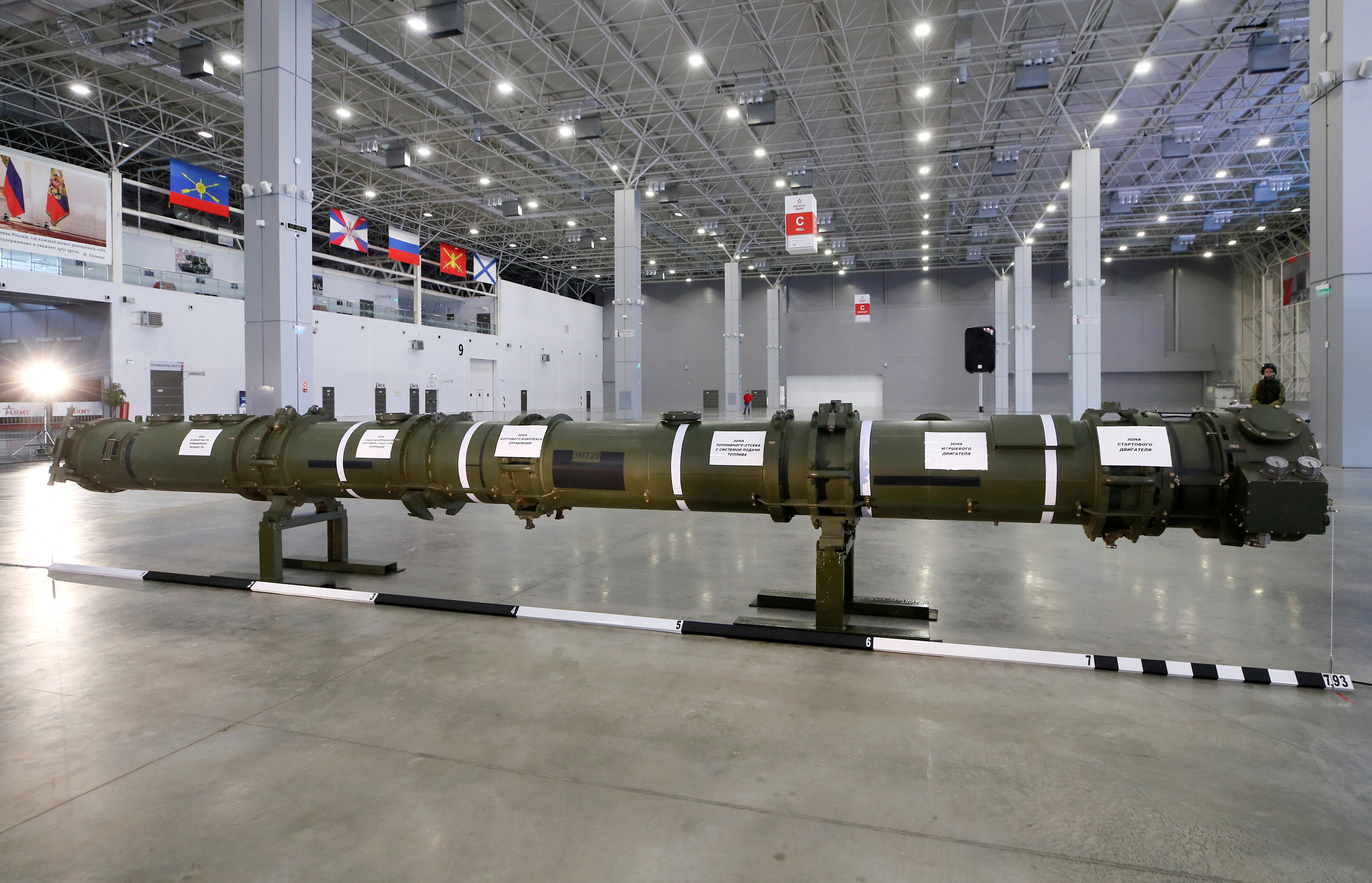 FILE PHOTO: A component of the SSC-8/9M729 cruise missile system is on display during a news briefing near Moscow
