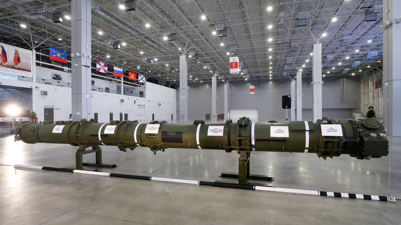 FILE PHOTO: A component of the SSC-8/9M729 cruise missile system is on display during a news briefing near Moscow