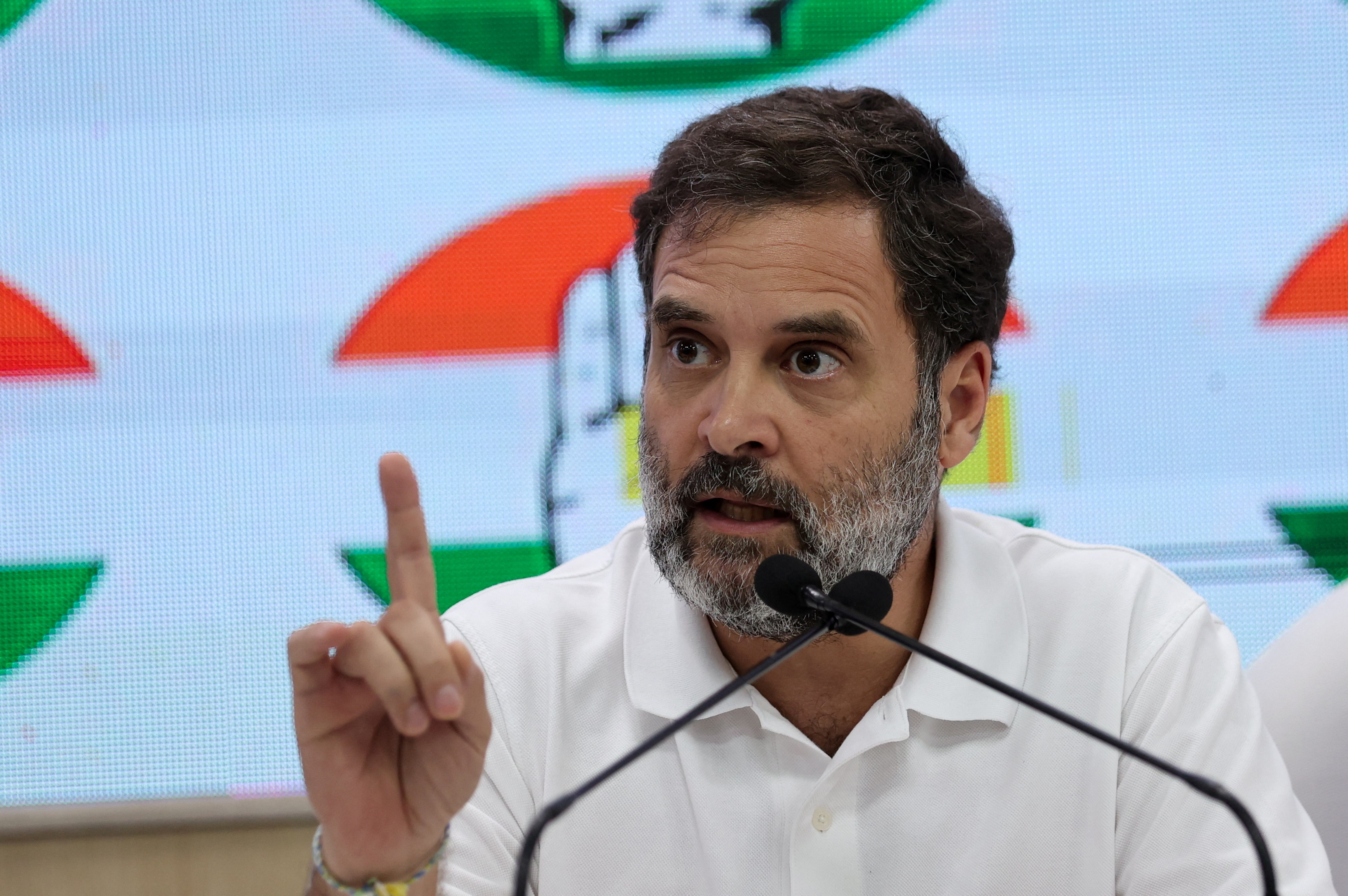 Rahul Gandhi, a senior leader of India's main opposition Congress party, gestures as he addresses the media at Congress' headquarters in New Delhi