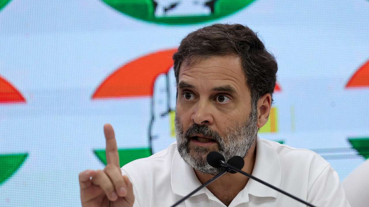 Rahul Gandhi, a senior leader of India's main opposition Congress party, gestures as he addresses the media at Congress' headquarters in New Delhi