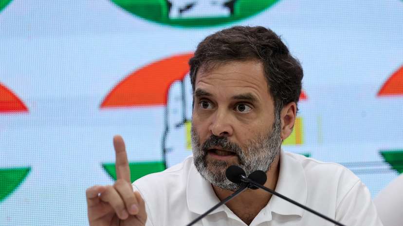 Rahul Gandhi, a senior leader of India's main opposition Congress party, gestures as he addresses the media at Congress' headquarters in New Delhi