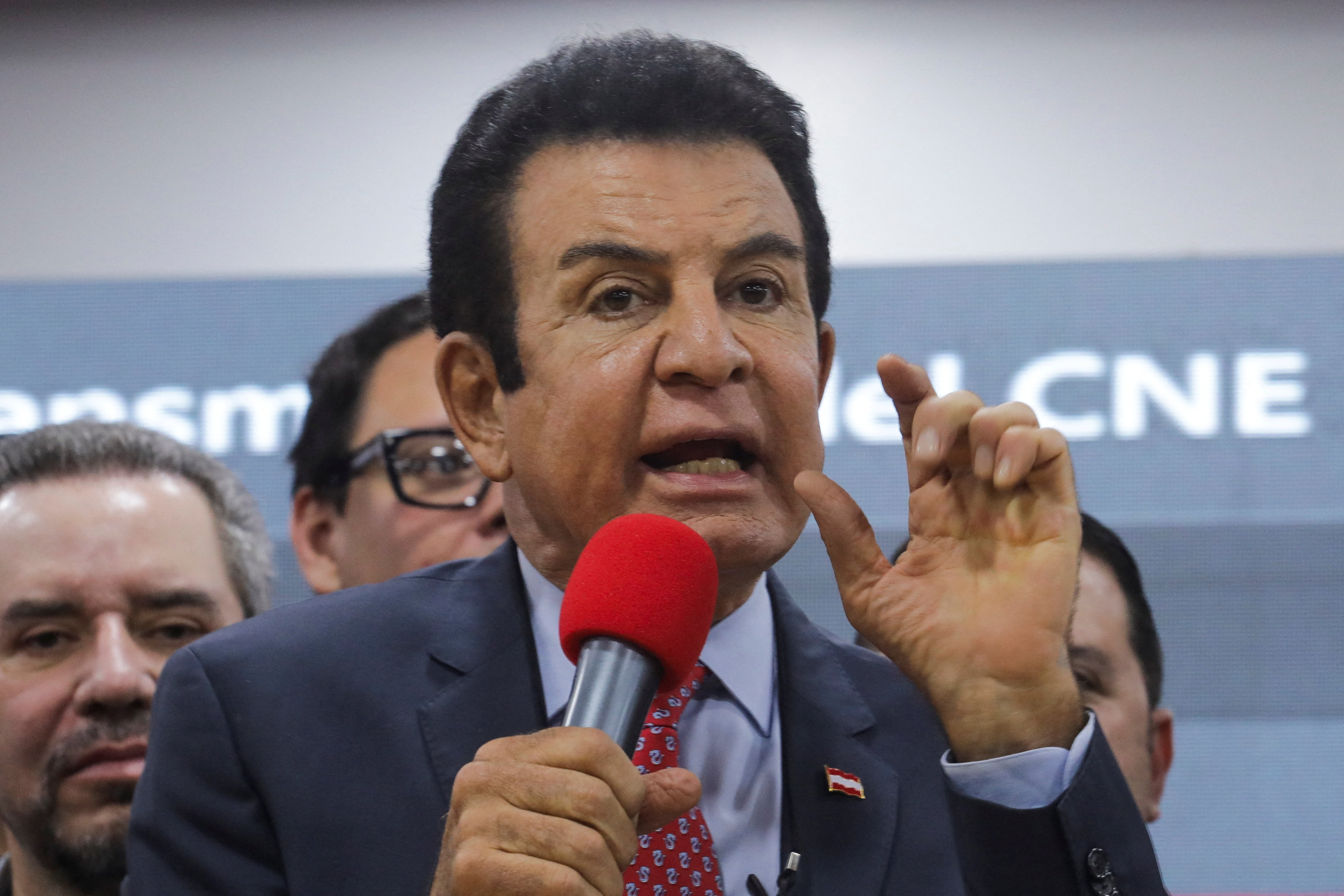 Presidential candidate Salvador Nasralla of Honduras' Liberal Party (PLH) holds a press conference amid reports of a tied vote count