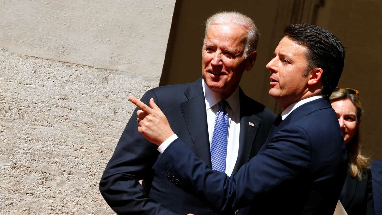 U.S. Vice President Biden talks with Italy Prime Minister Renzi during a meeting at Chigi Palace in Rome