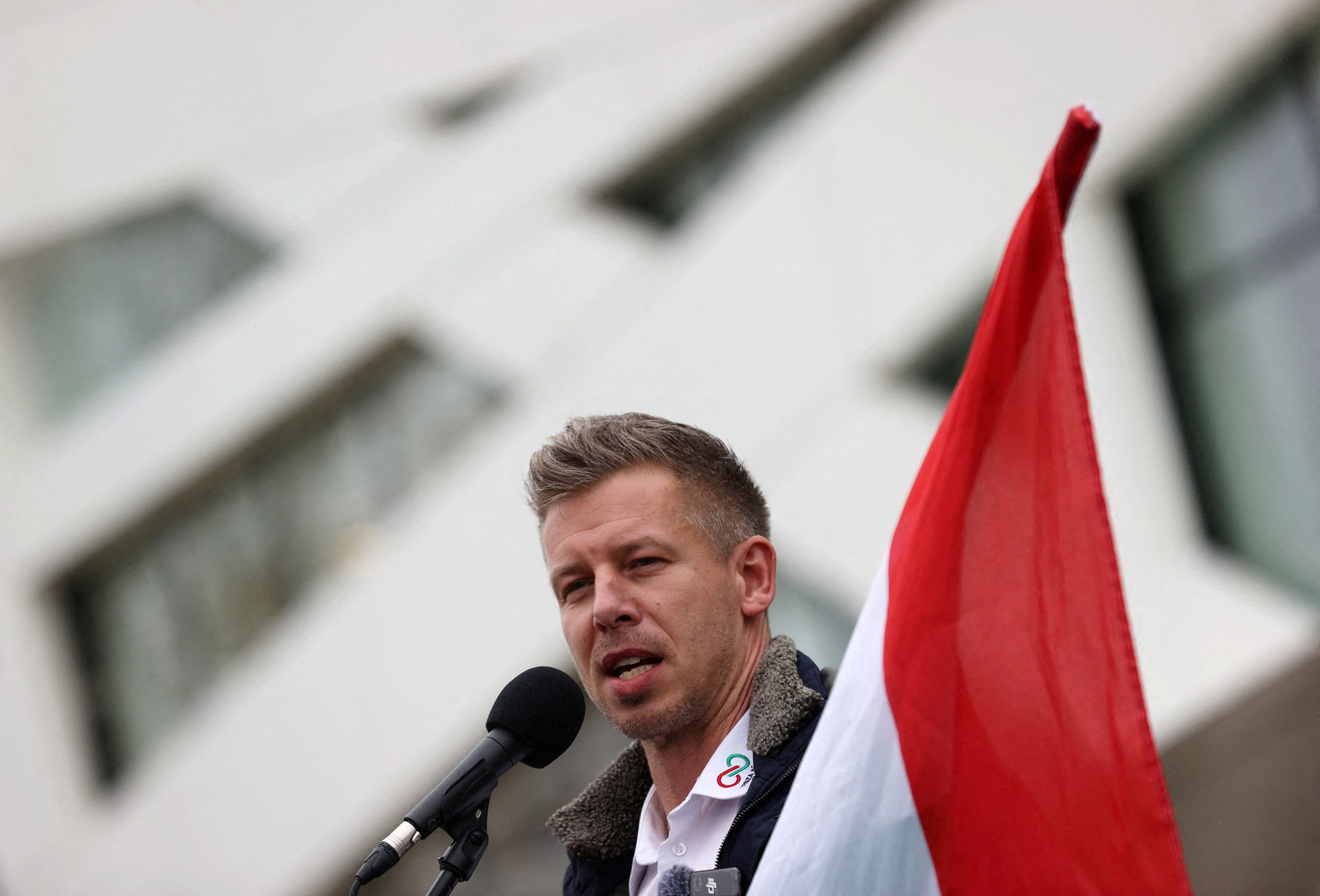 FILE PHOTO: Magyar, leader of opposition TISZA party, delivers a speech during a campaign tour in Siofok
