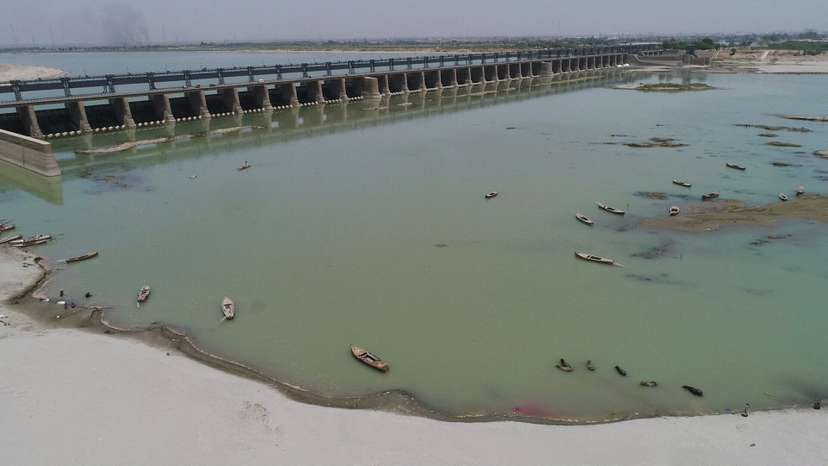 Drone view shows the Kotri Barrage on the Indus River in Jamshoro