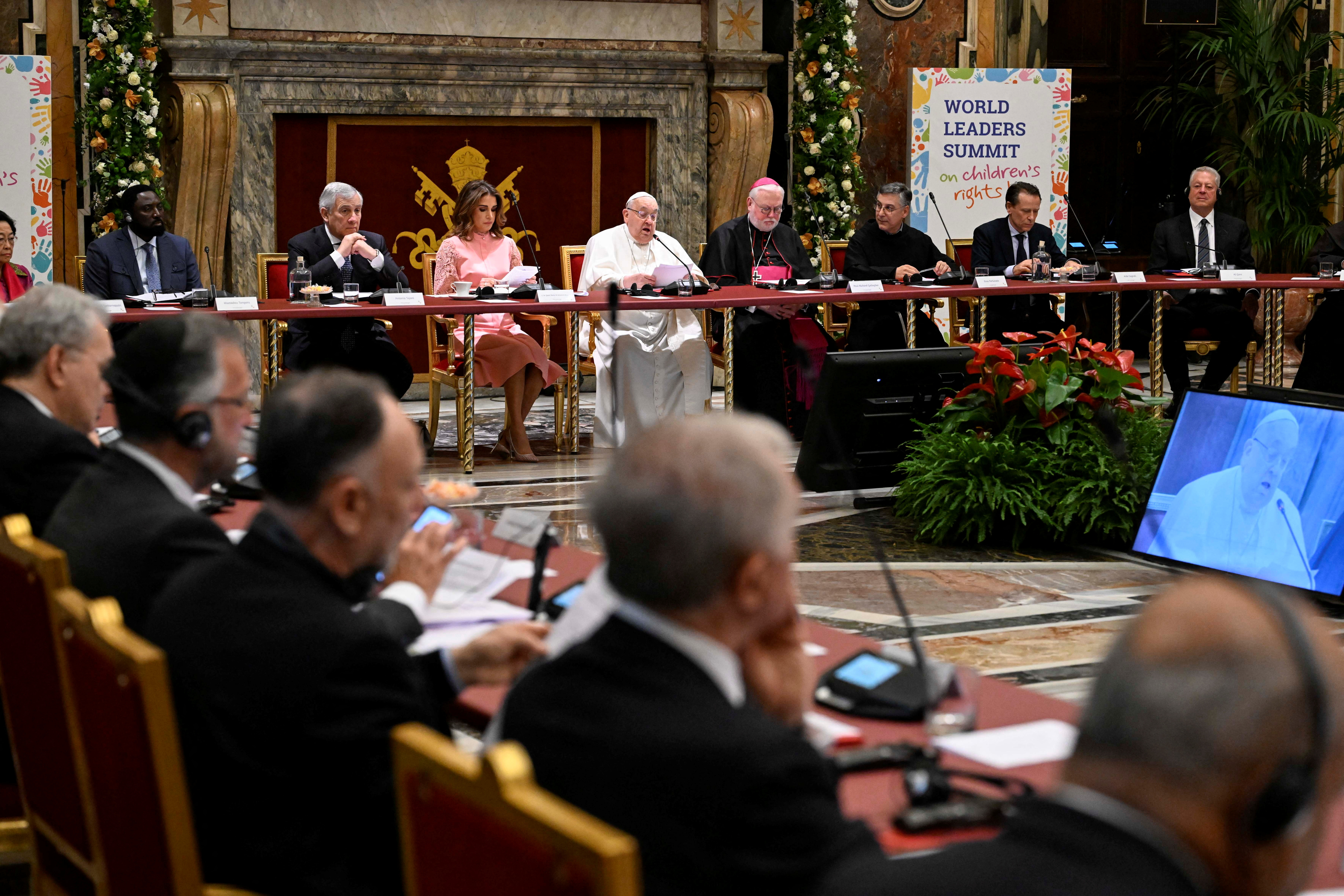 Pope Francis speaks during the World Leaders Summit on children's rights at the Vatican