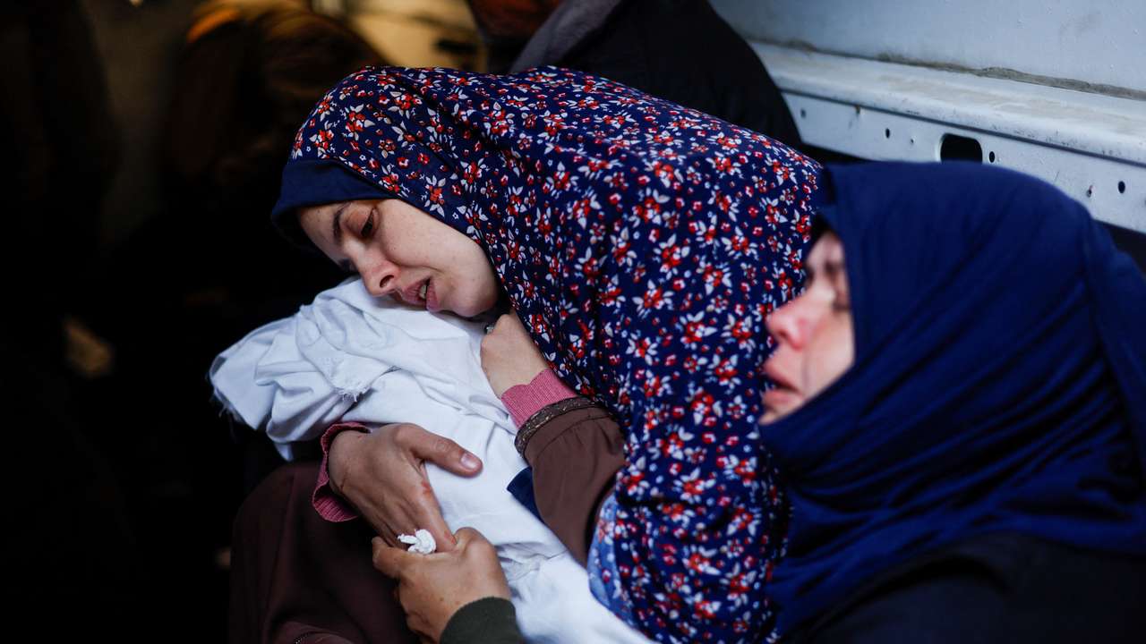 Funeral of Palestinian twins Wesam and Naeem Abu Anza, who were born during the conflict between Israel and Hamas and were killed in Israeli air strikes, in Rafah