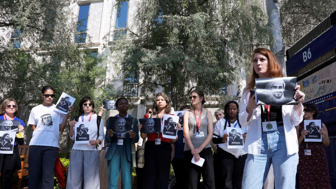 FILE PHOTO: Human rights advocates protest in solidarity with political prisoners in Egypt and United Arab Emirates on the sidelines of the United Nations Climate Change Conference COP28 in Dubai