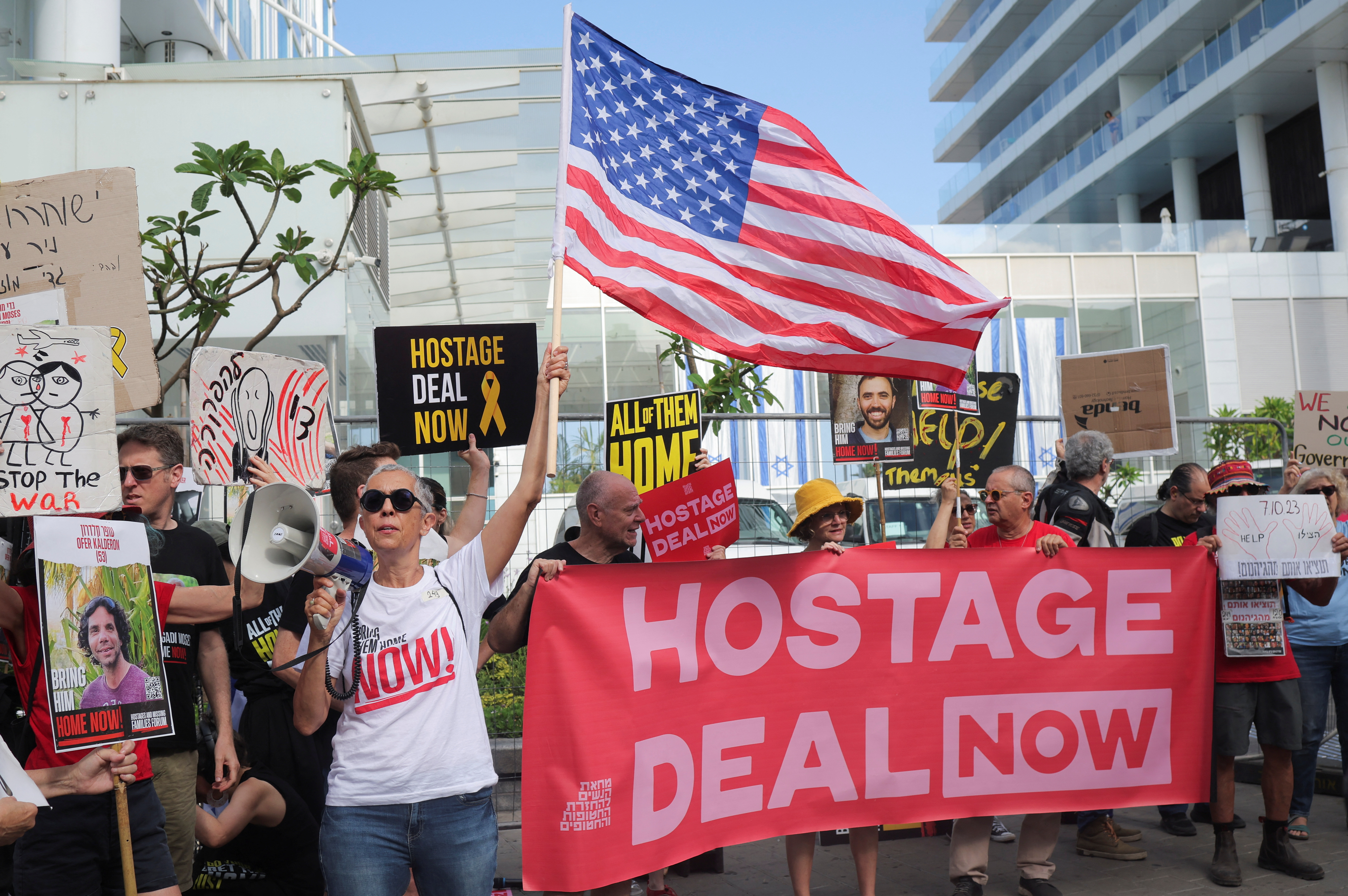 Family members and supporters demand the immediate release of the hostages kidnapped during the deadly October 7 attack, in Tel Aviv