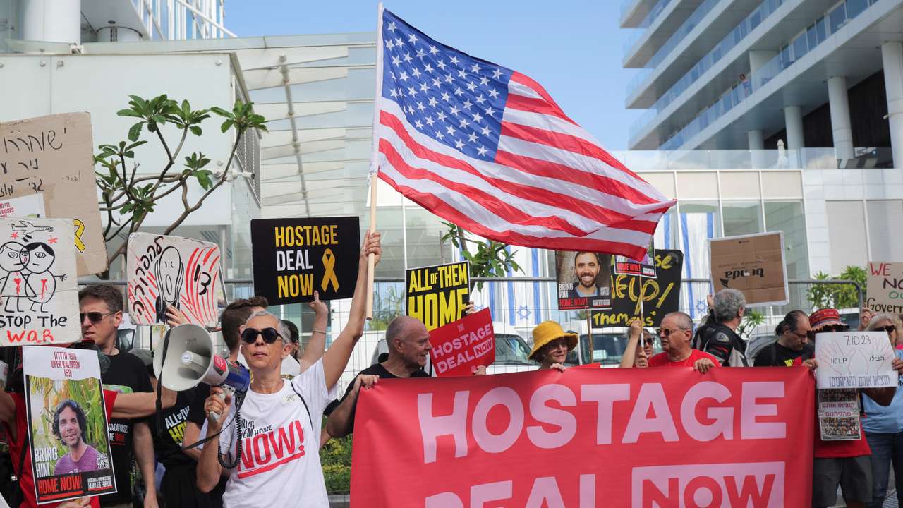 Family members and supporters demand the immediate release of the hostages kidnapped during the deadly October 7 attack, in Tel Aviv