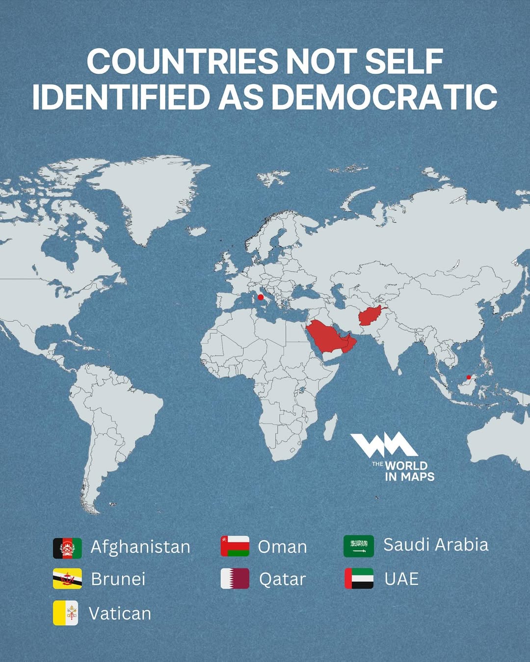 This map highlights a rare group of countries- those that do not claim to be democracies in any 