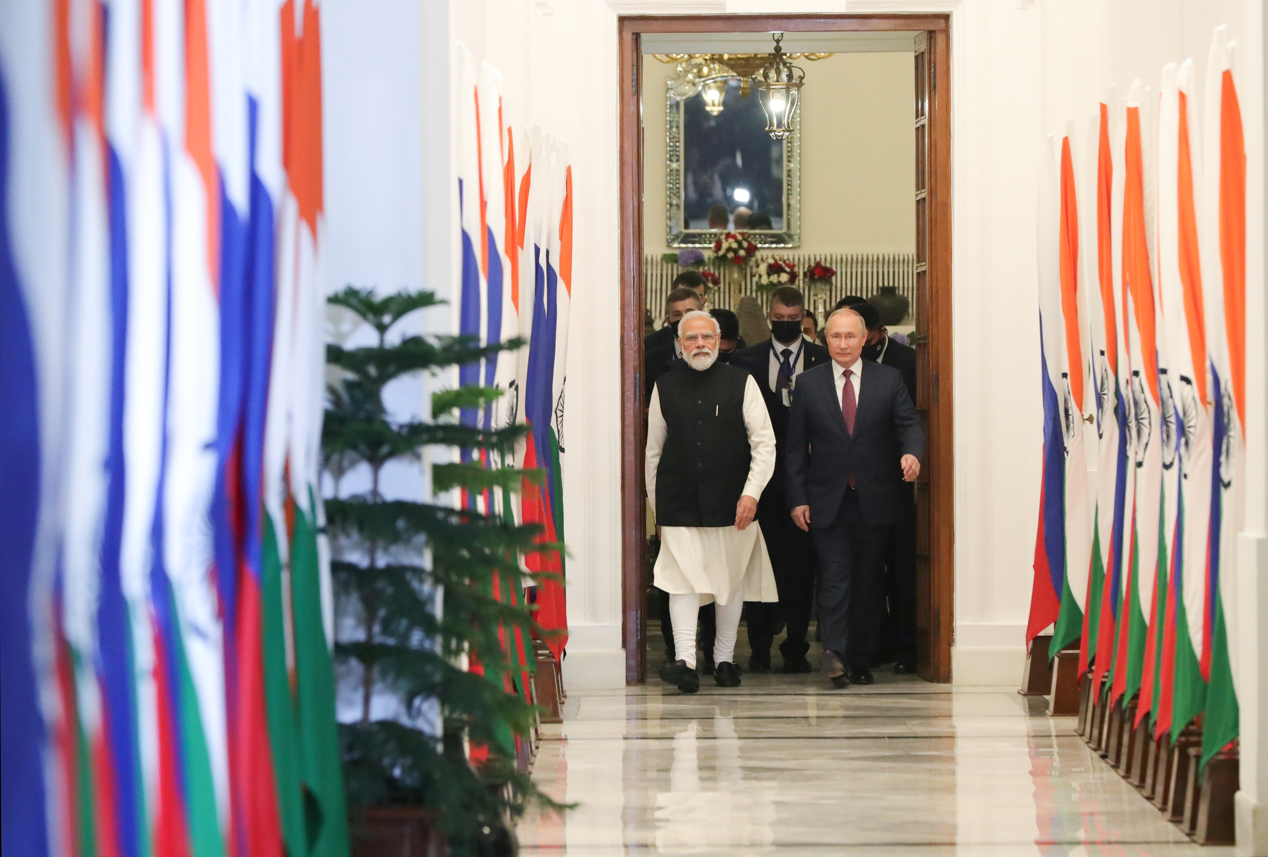 FILE PHOTO: Russia's President Putin attends a meeting with India's Prime Minister Modi in New Delhi