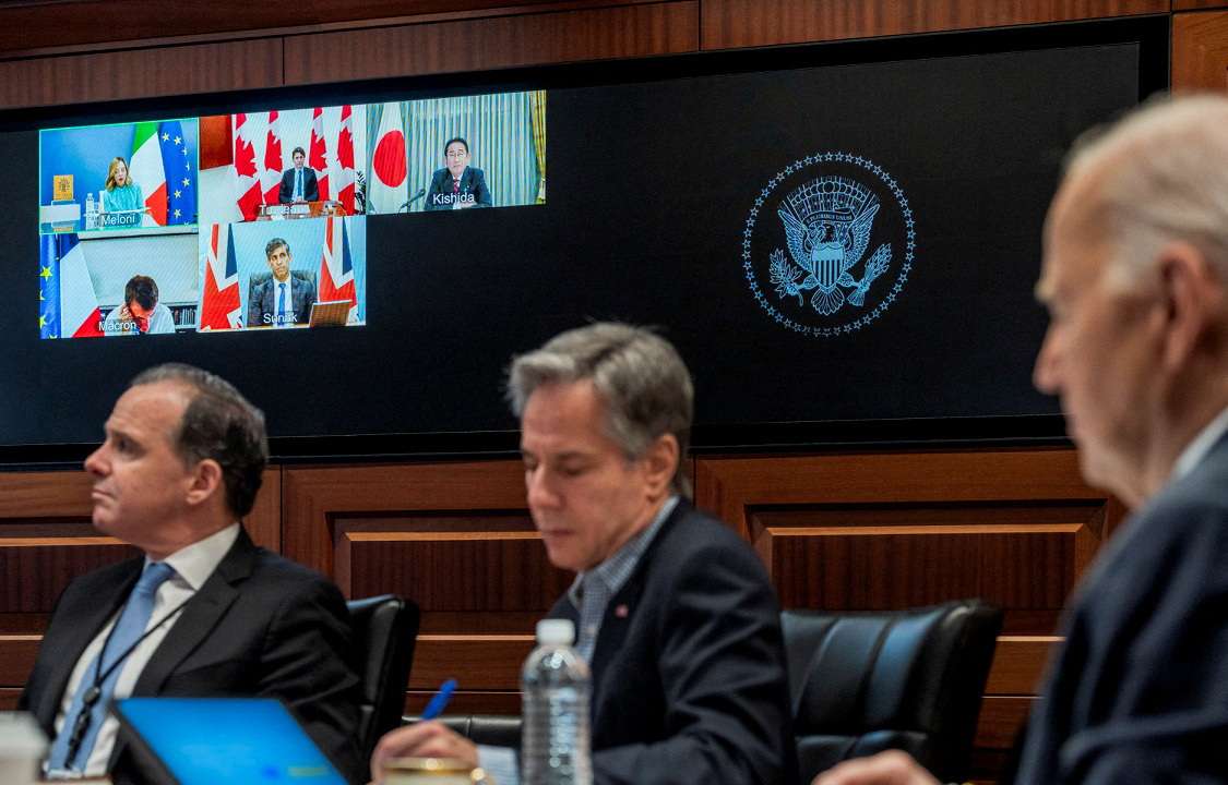 U.S. President Joe Biden and U.S. Secretary of State Antony Blinken attend a video meeting with G7 leaders to discuss the Iranian attack on Israel at the White House in Washington