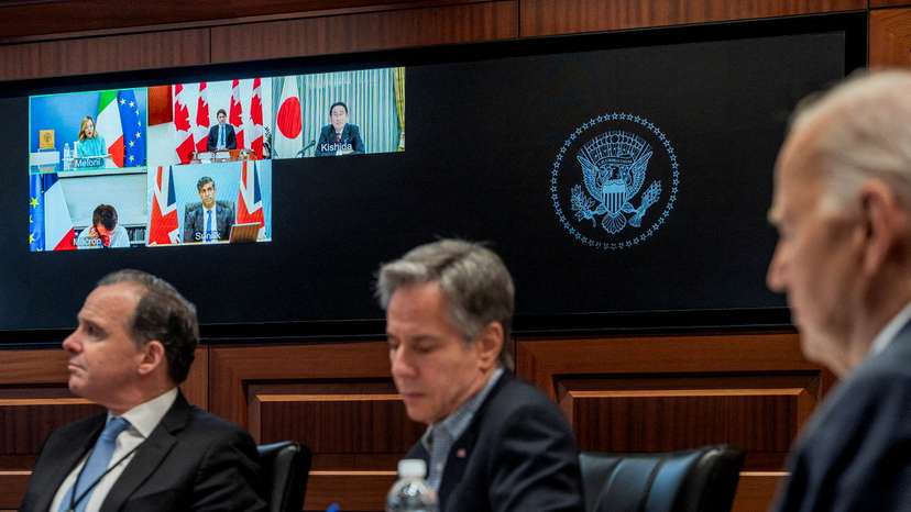 U.S. President Joe Biden and U.S. Secretary of State Antony Blinken attend a video meeting with G7 leaders to discuss the Iranian attack on Israel at the White House in Washington