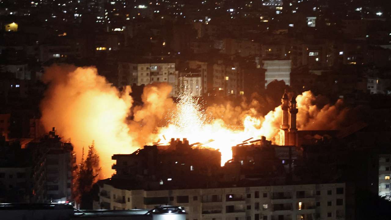 Israeli strike on Beirut's southern suburbs, after the Israeli military issued an evacuation warning for the area, as seen from Baabda