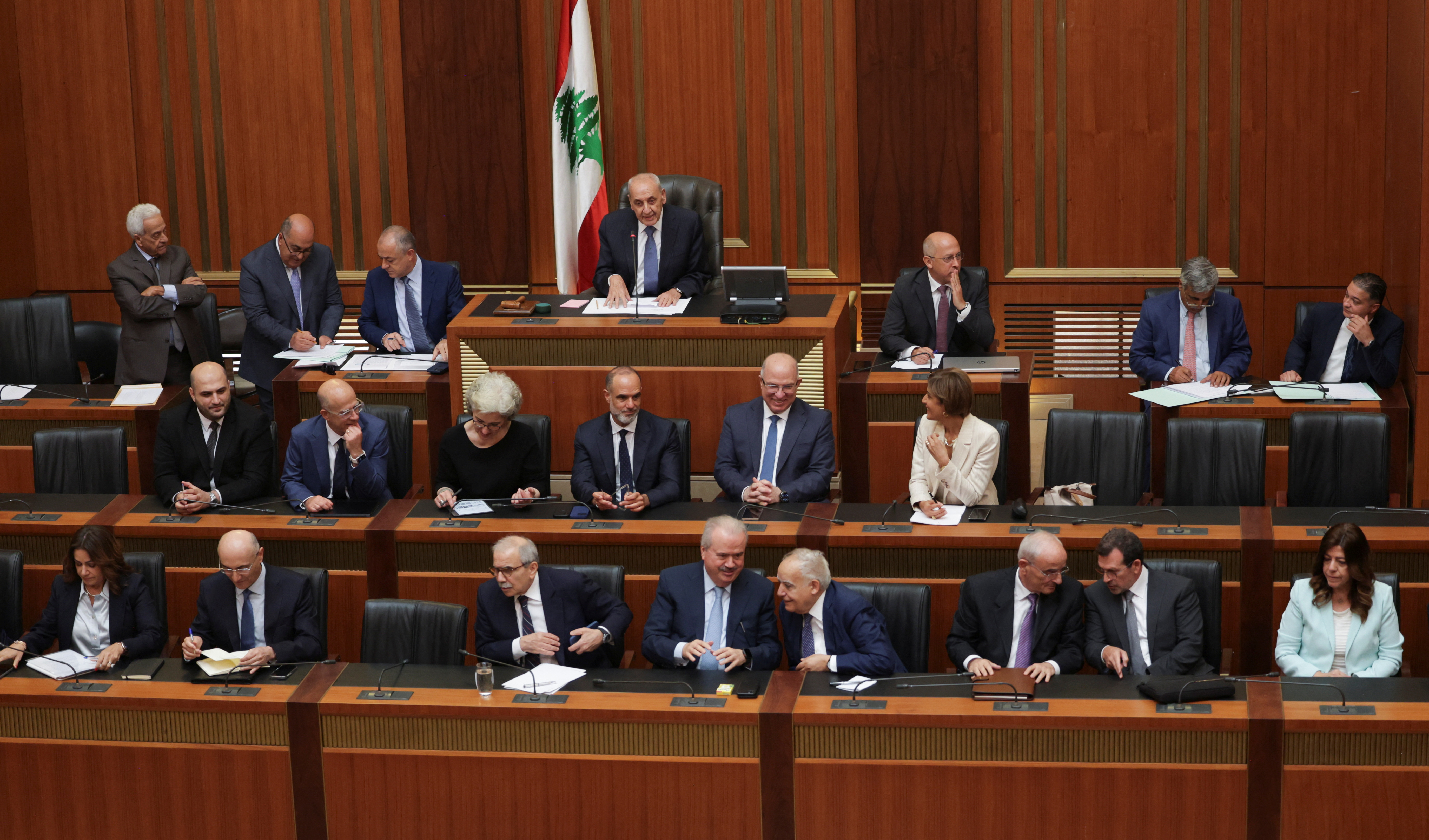 Lebanese Parliament Speaker Nabih Berri and members of the Lebanese government attend a parliament session