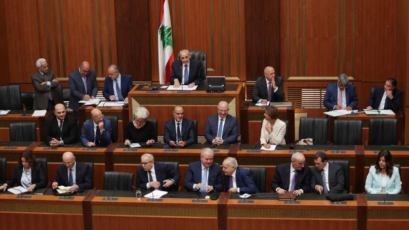 Lebanese Parliament Speaker Nabih Berri and members of the Lebanese government attend a parliament session