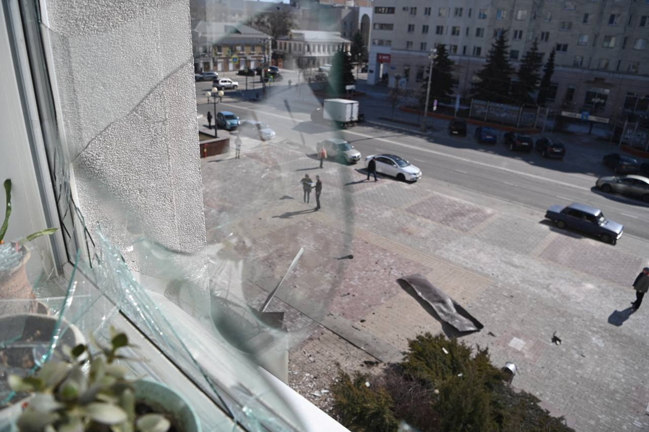 A view of the street from the city administration building, which, according to local authorities, was damaged by a Ukrainian drone attack, in Belgorod