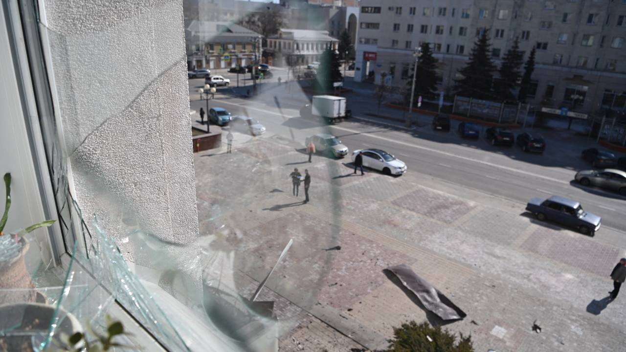 A view of the street from the city administration building, which, according to local authorities, was damaged by a Ukrainian drone attack, in Belgorod