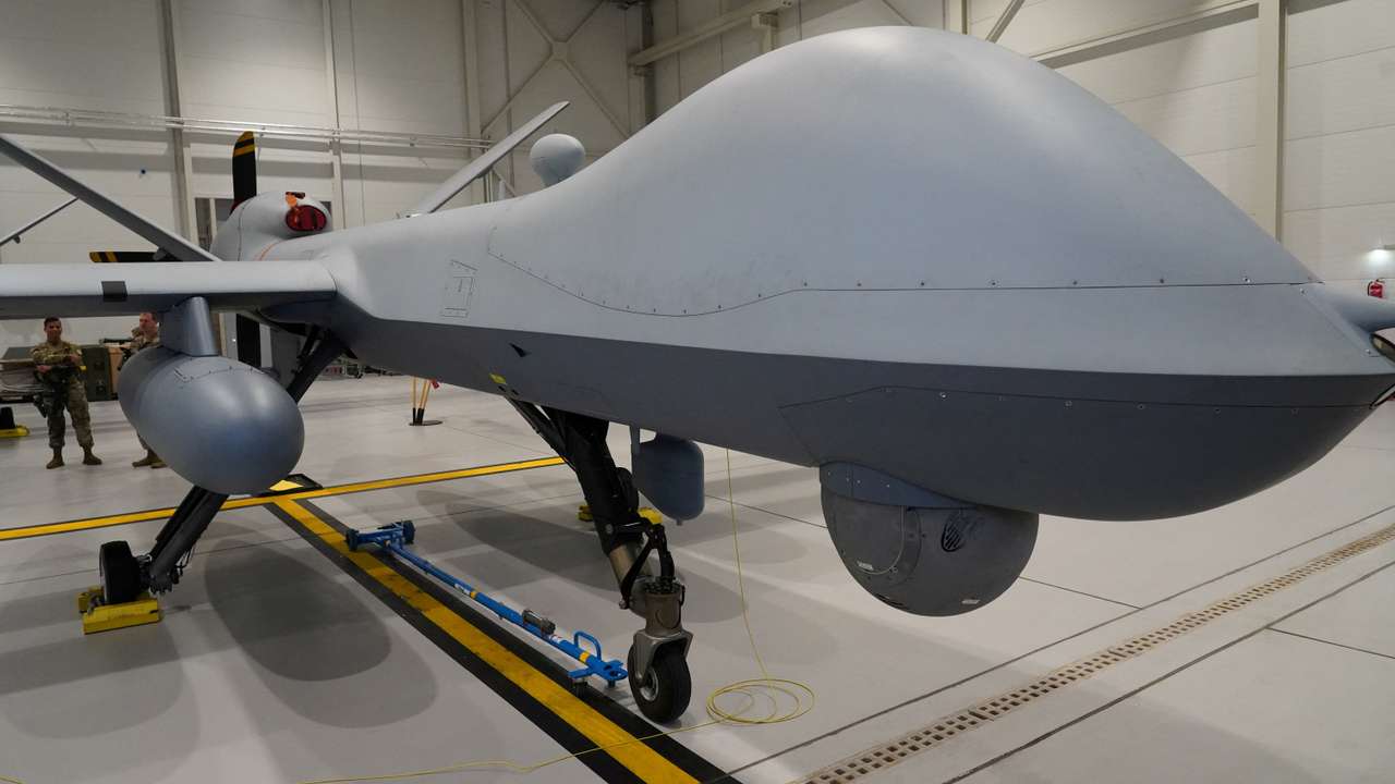 FILE PHOTO: A U.S. Air Force MQ-9 Reaper drone sits in a hanger at Amari Air Base