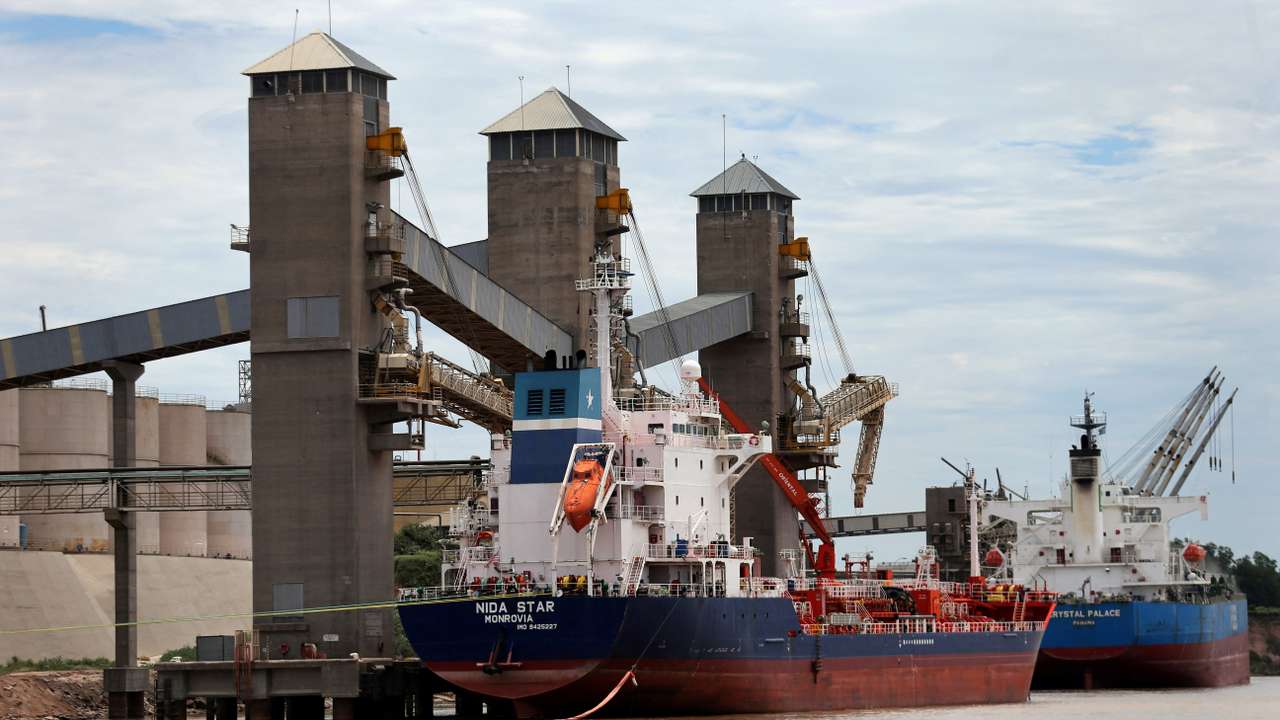 FILE PHOTO: Grain is loaded onto ships for export at a port on the Parana river near Rosario, Argentina