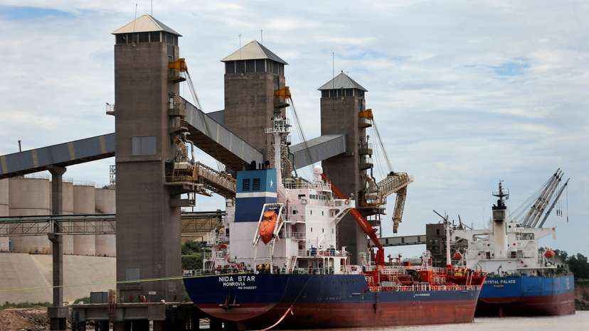 FILE PHOTO: Grain is loaded onto ships for export at a port on the Parana river near Rosario, Argentina