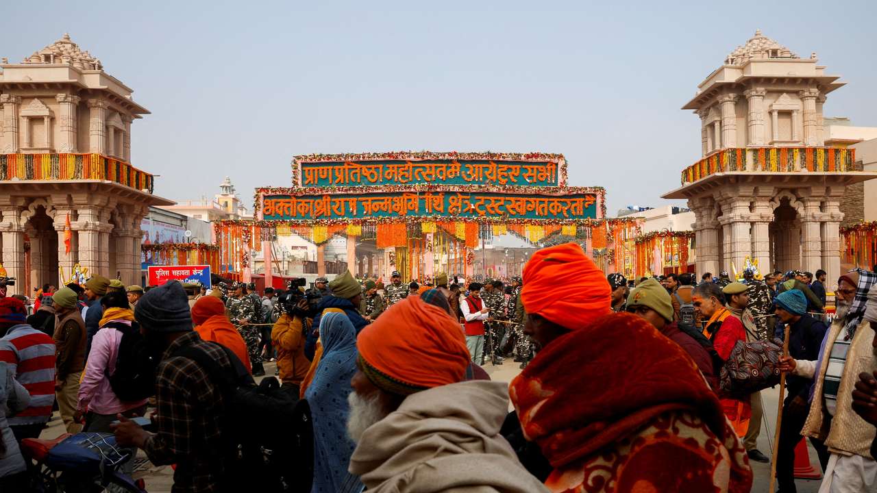 FILE PHOTO: Hindu devotees wait to enter the Hindu god Lord Ram temple after its inauguration in Ayodhya
