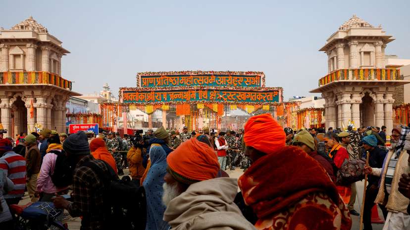 FILE PHOTO: Hindu devotees wait to enter the Hindu god Lord Ram temple after its inauguration in Ayodhya