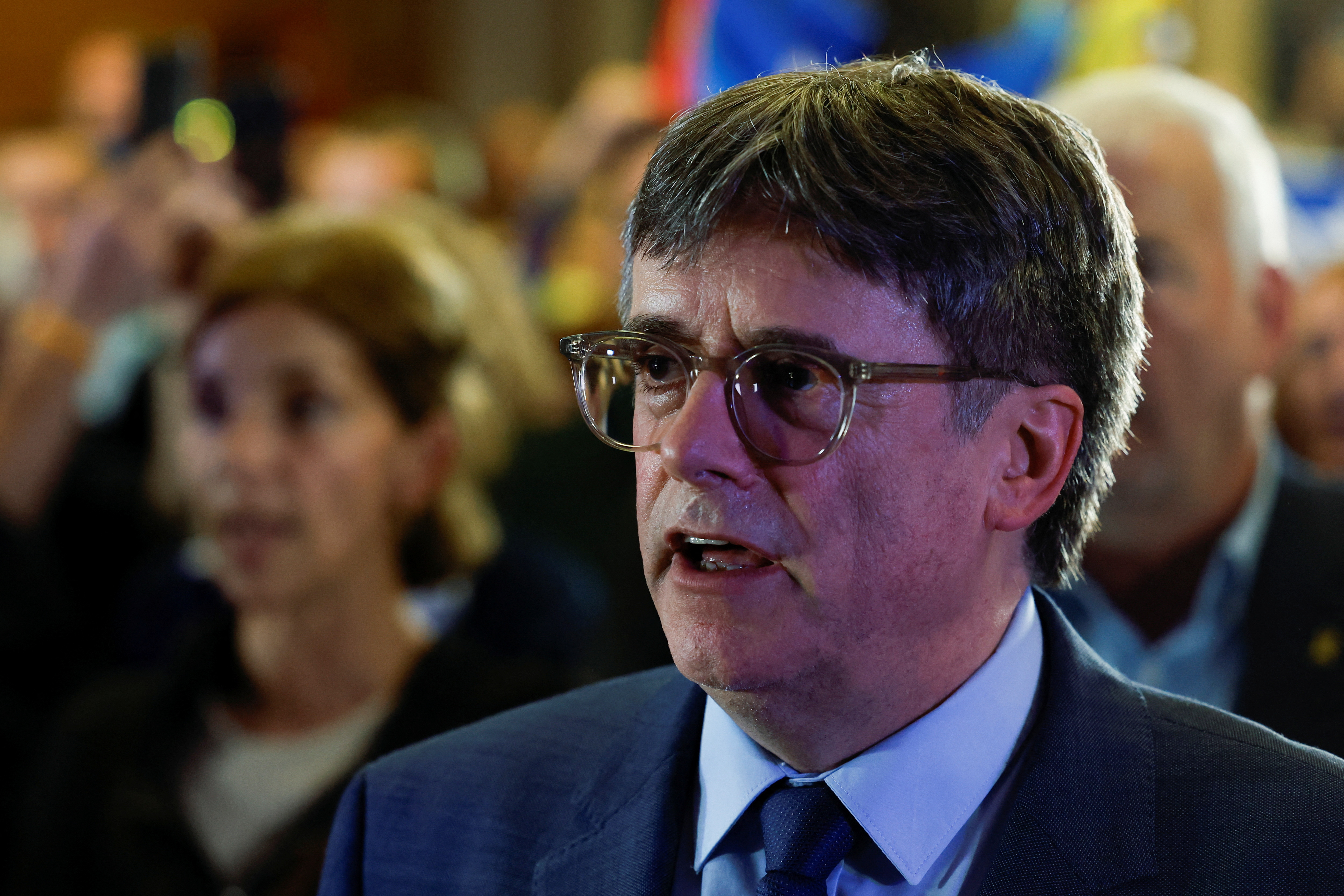 Catalan separatist leader Carles Puigdemont gives a press conference in Elne