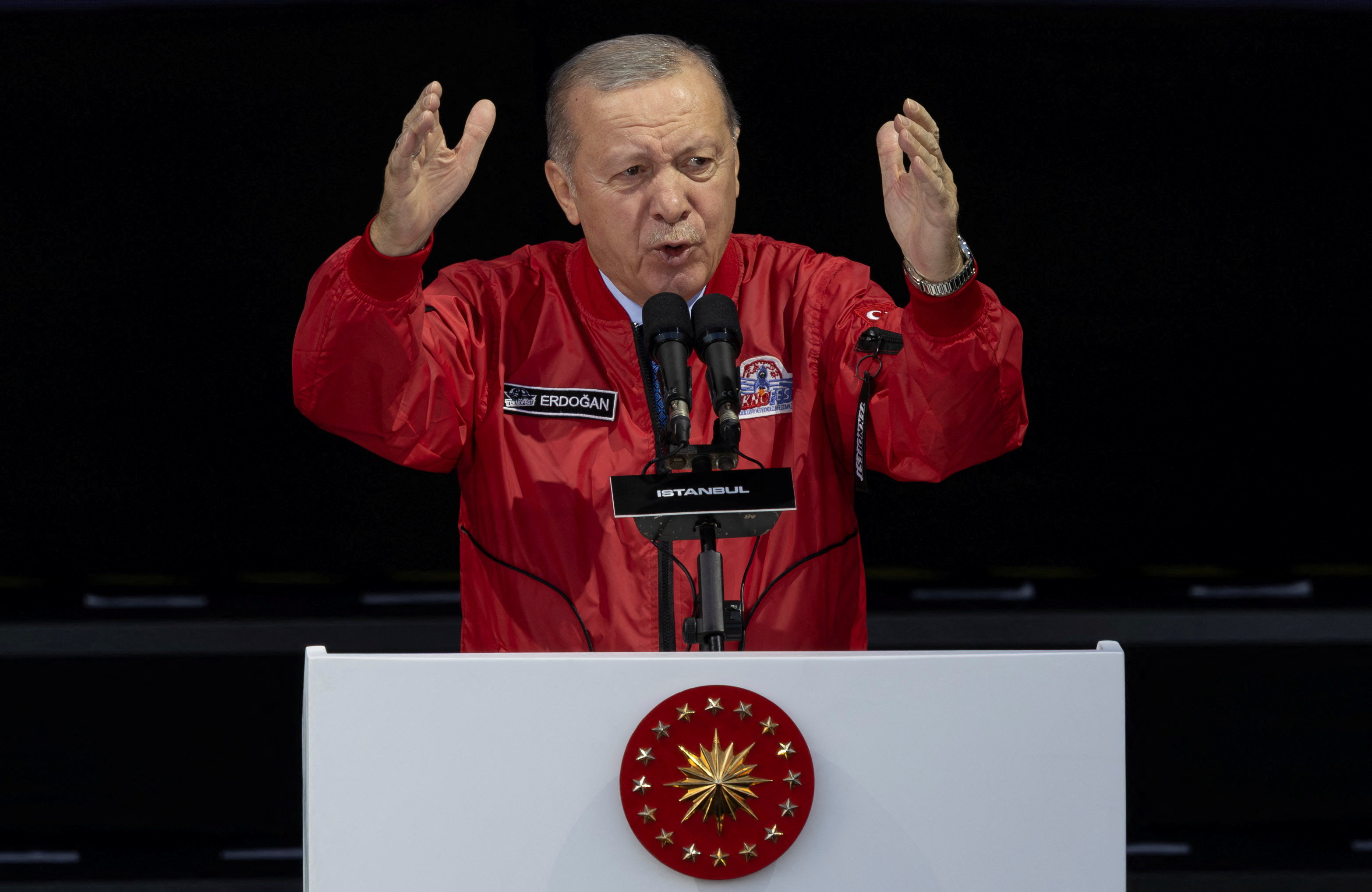 Turkish President Tayyip Erdogan delivers a speech during the Teknofest in Istanbul