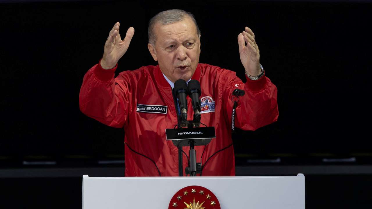 Turkish President Tayyip Erdogan delivers a speech during the Teknofest in Istanbul