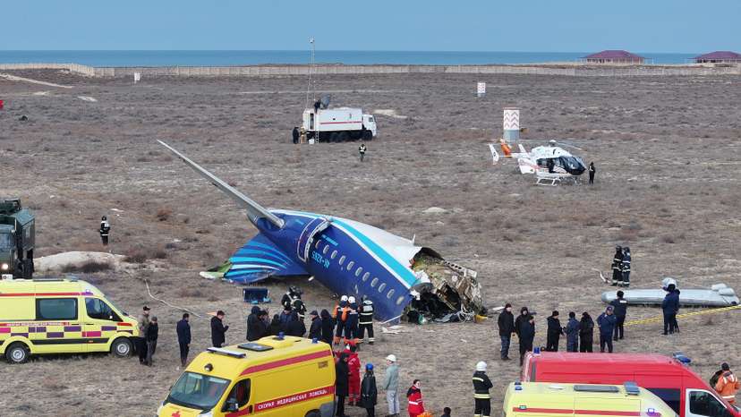 A drone view shows the crash site of a passenger plane near Aktau
