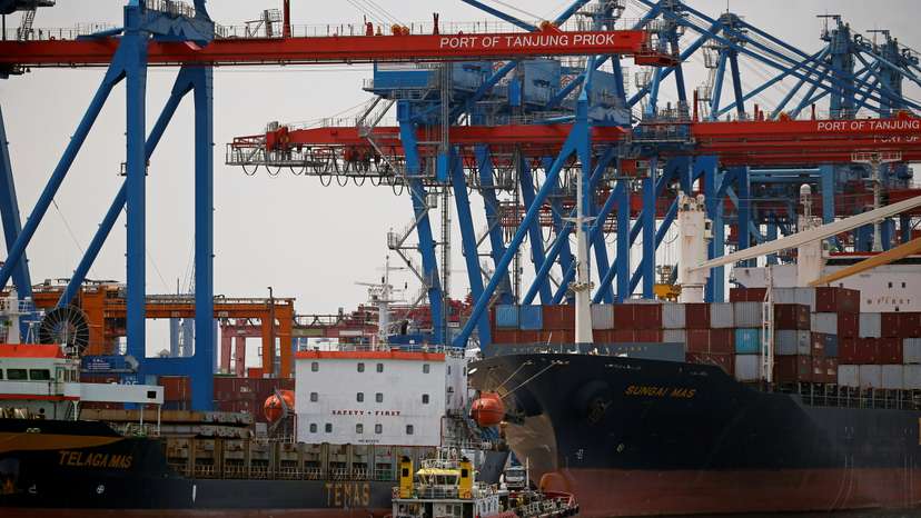A tug boat is seen docking at Tanjung Priok Port in Jakarta