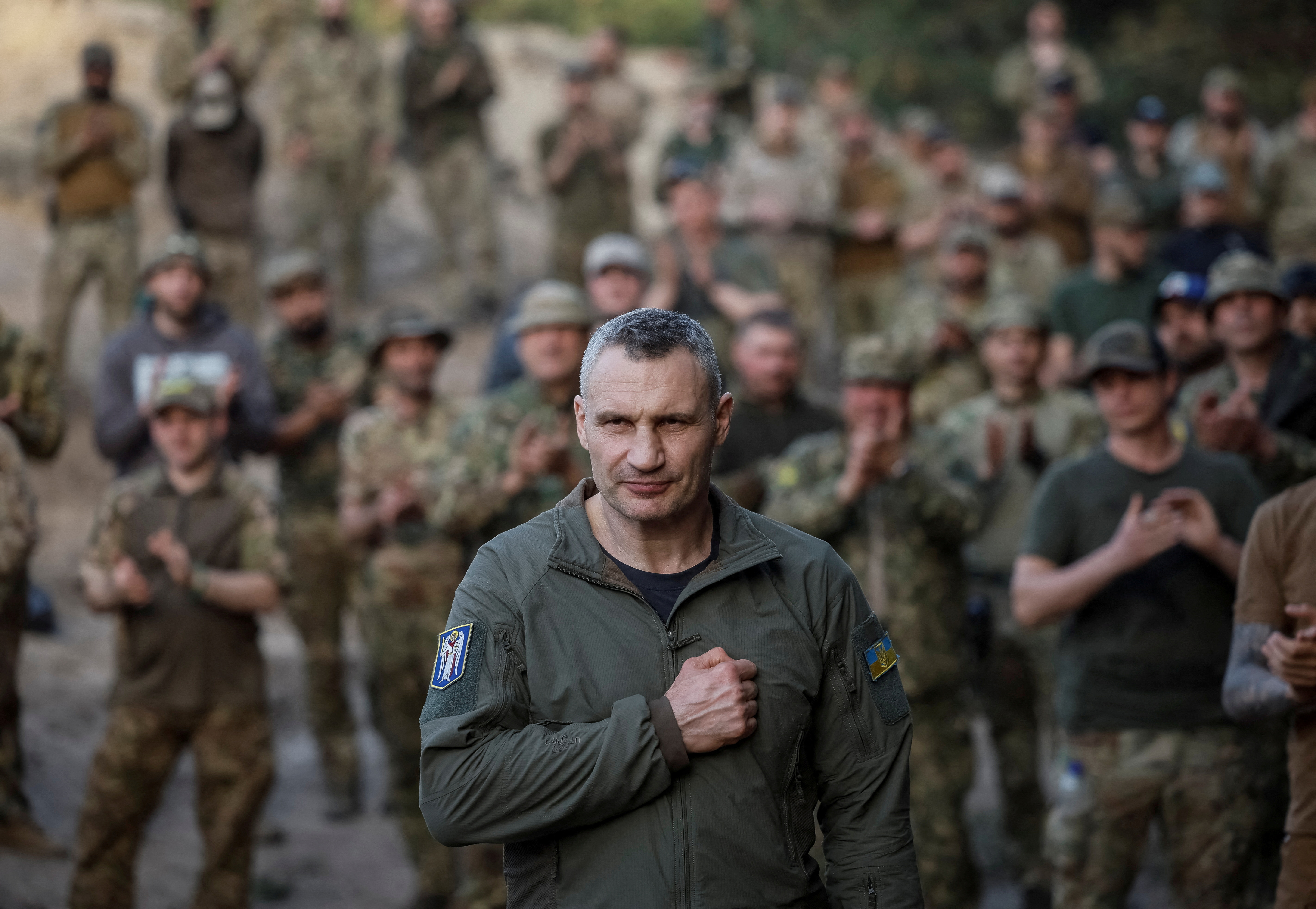 FILE PHOTO: Kyiv Mayor Klitschko greets servicemen of Svoboda battalion of the National Guard of Ukraine before an award ceremony for fighters who have recently returned from the frontline in Kyiv region