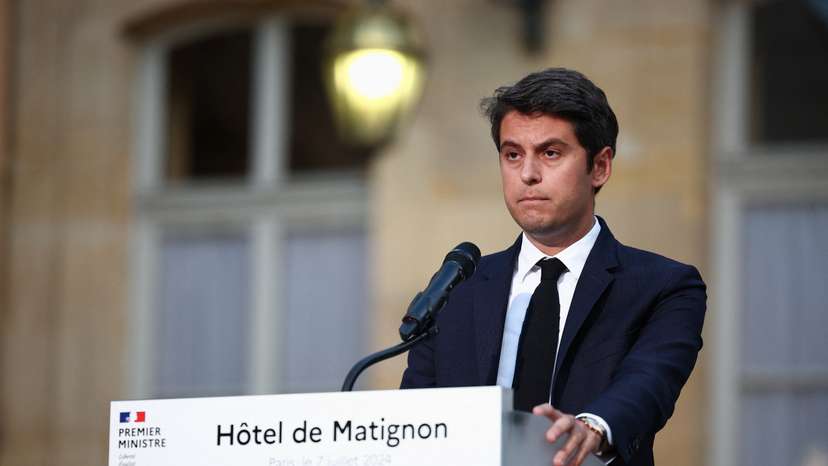 Gabriel Attal reacts after second round results of the 2024 snap legislative elections