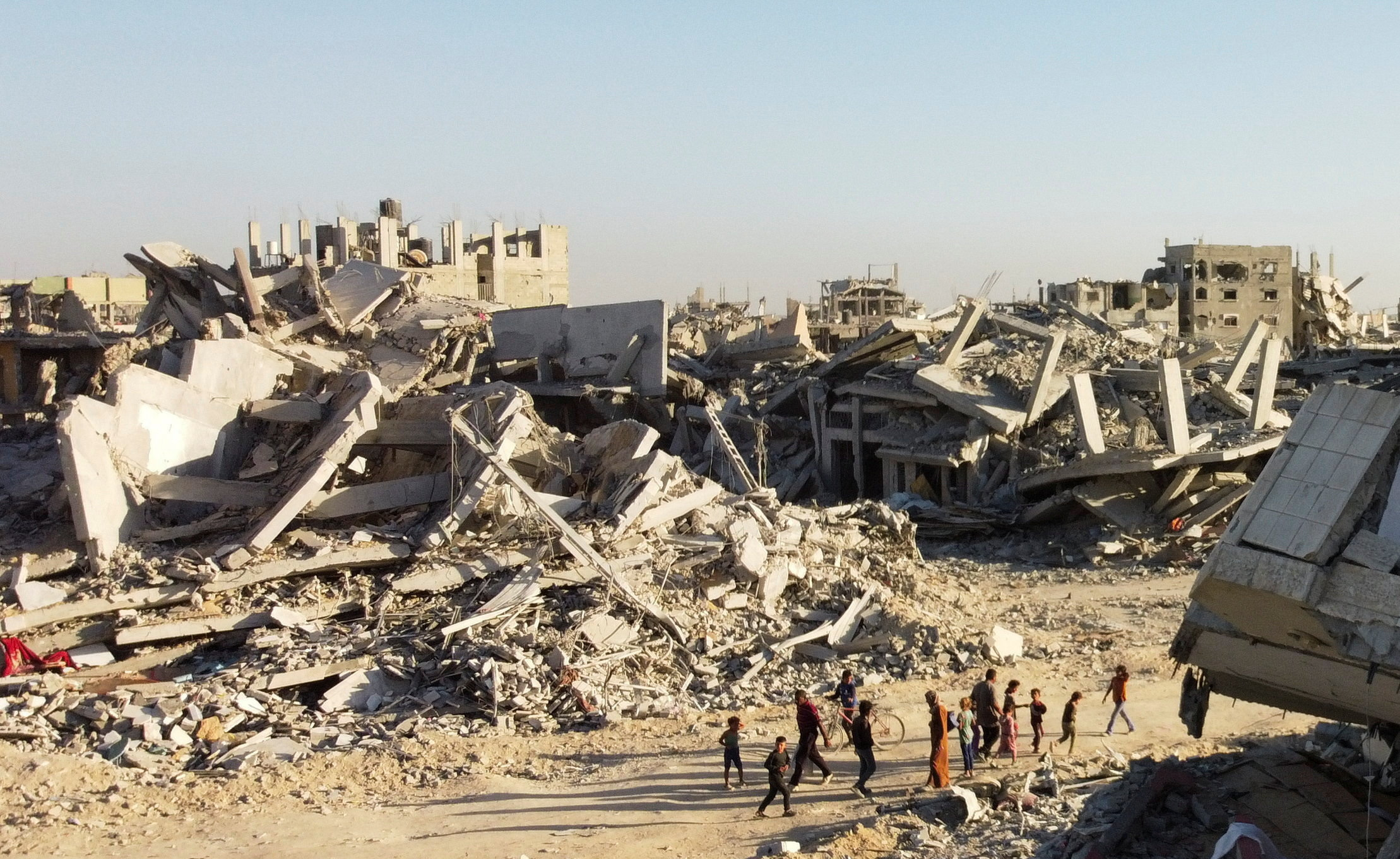A drone view shows the destruction in a residential neighborhood, in Gaza City