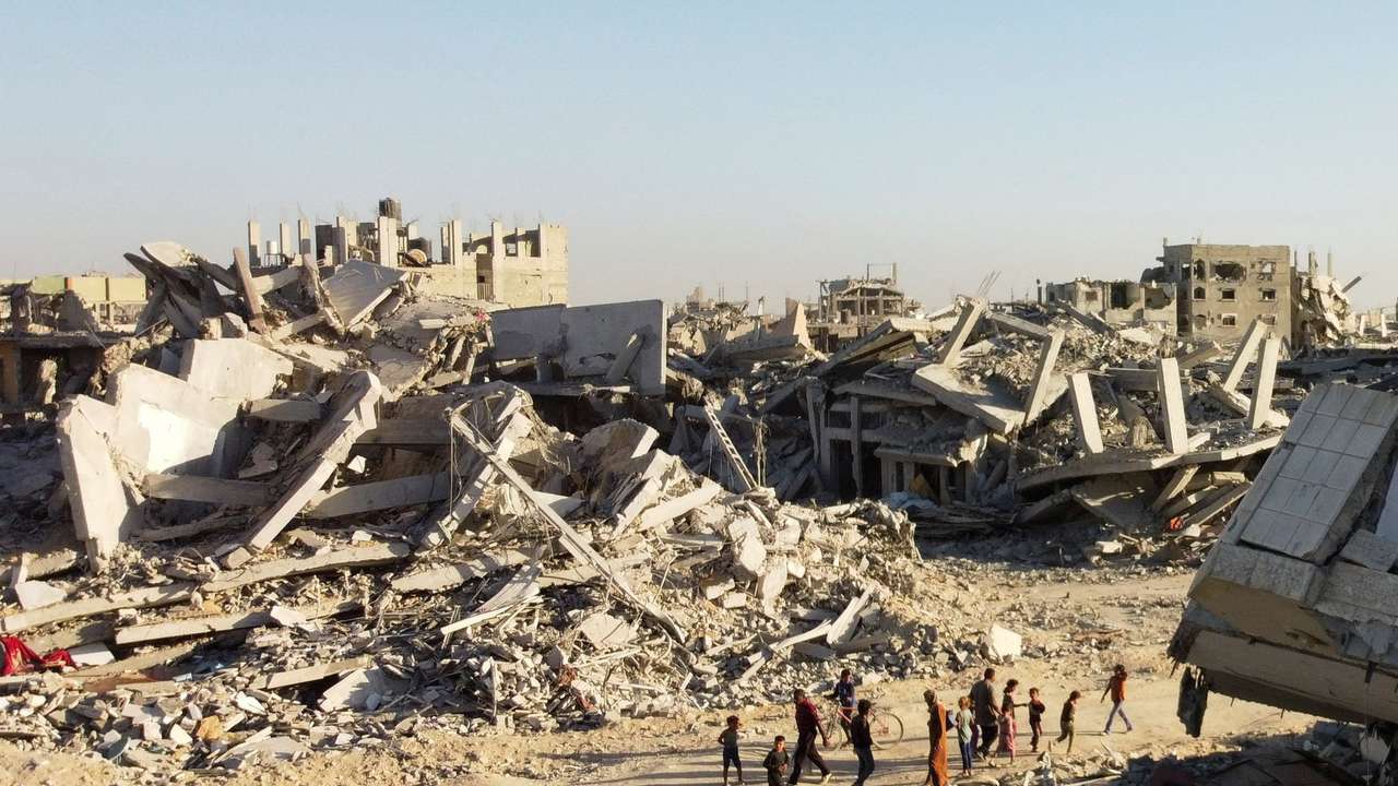 A drone view shows the destruction in a residential neighborhood, in Gaza City