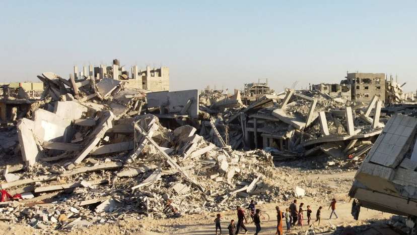 A drone view shows the destruction in a residential neighborhood, in Gaza City