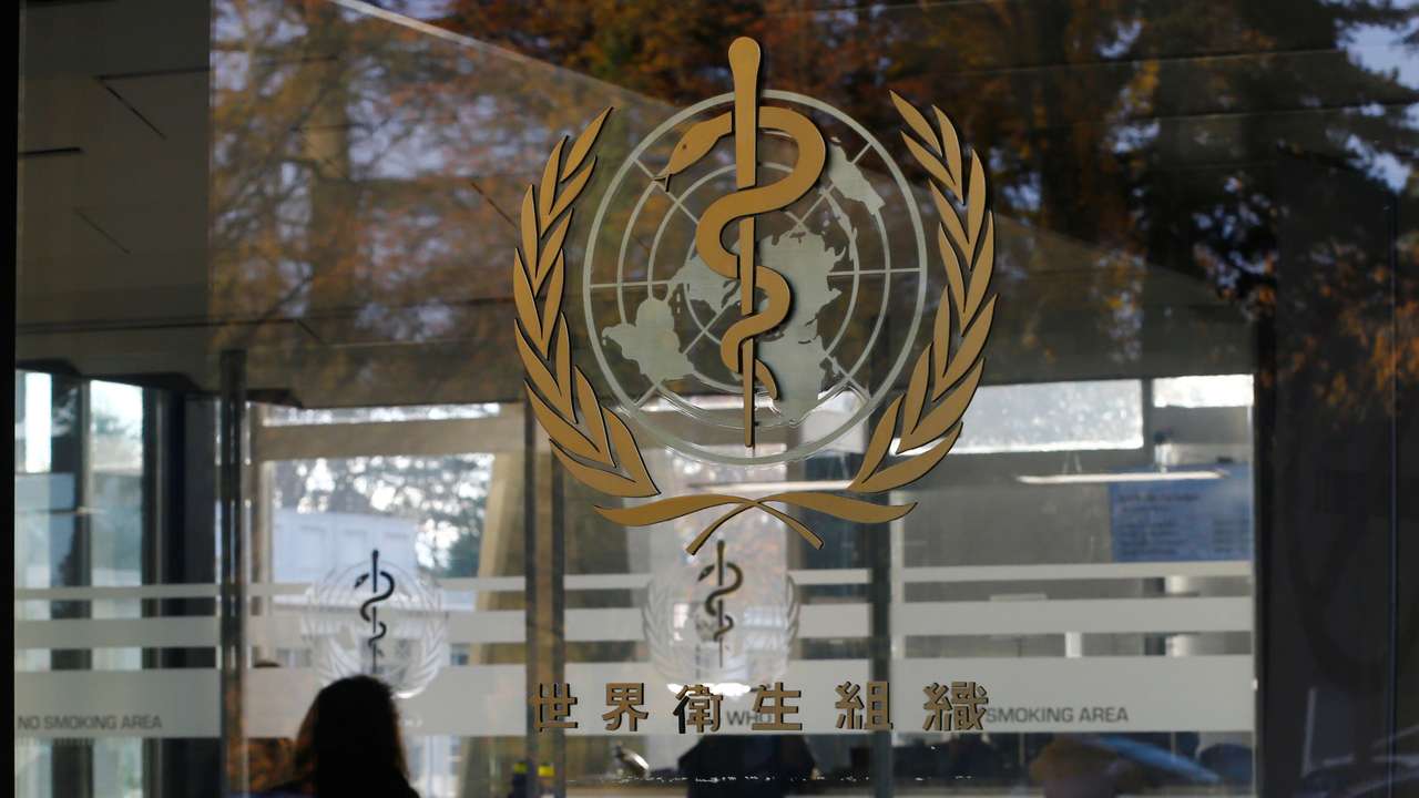 A logo is pictured on the World Health Organization headquarters in Geneva
