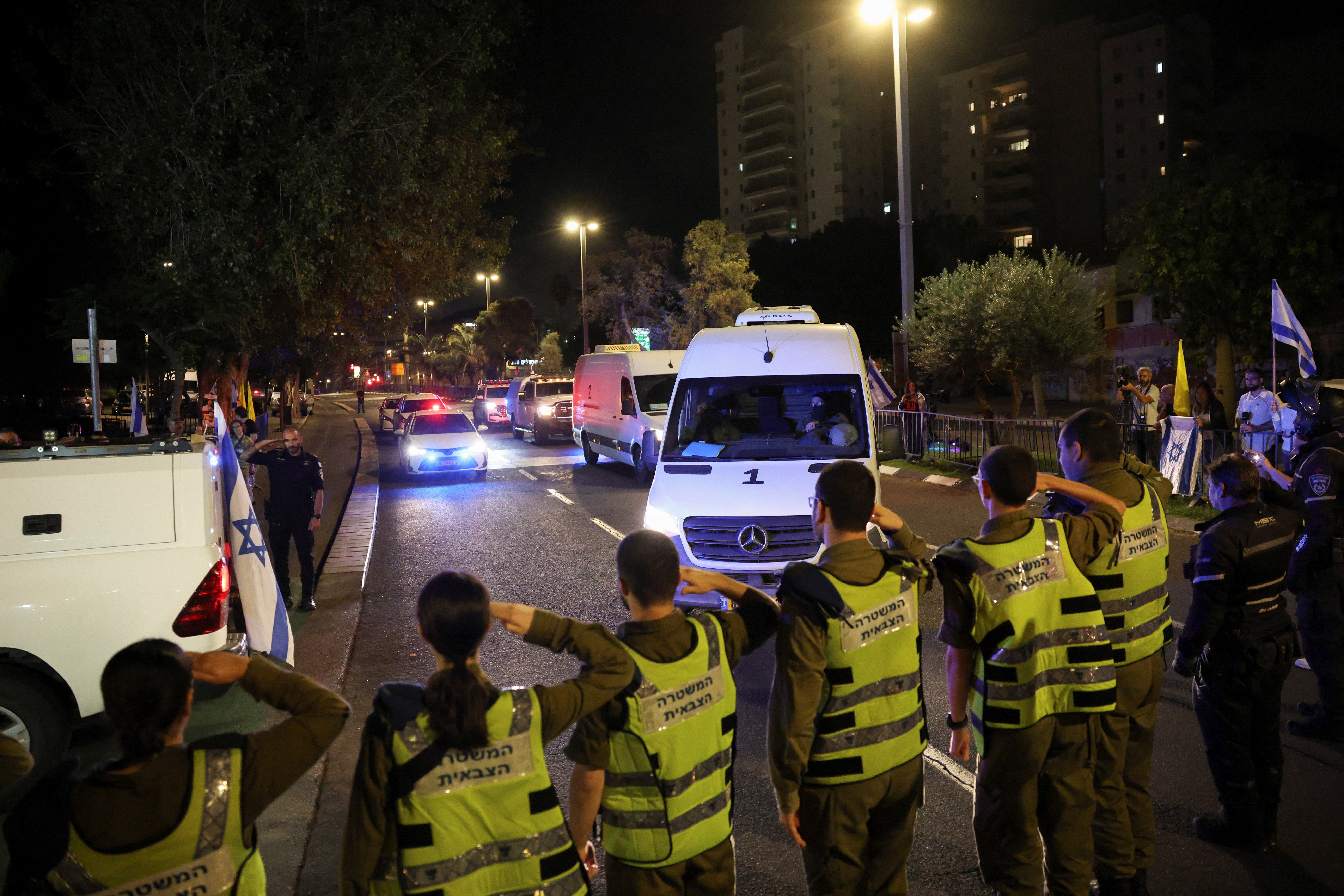 Convoy transporting the bodies of deceased hostages, kidnapped during the deadly October 7, 2023 attack by Hamas, arrives at Abu Kabir forensic centre