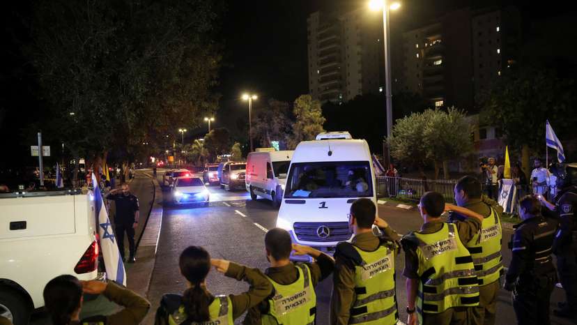 Convoy transporting the bodies of deceased hostages, kidnapped during the deadly October 7, 2023 attack by Hamas, arrives at Abu Kabir forensic centre