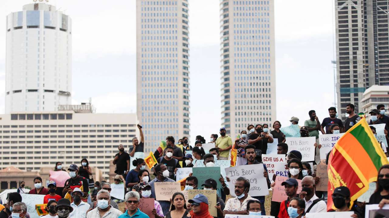 A protest marks the third anniversary of the Easter Sunday bomb attack, in Colombo