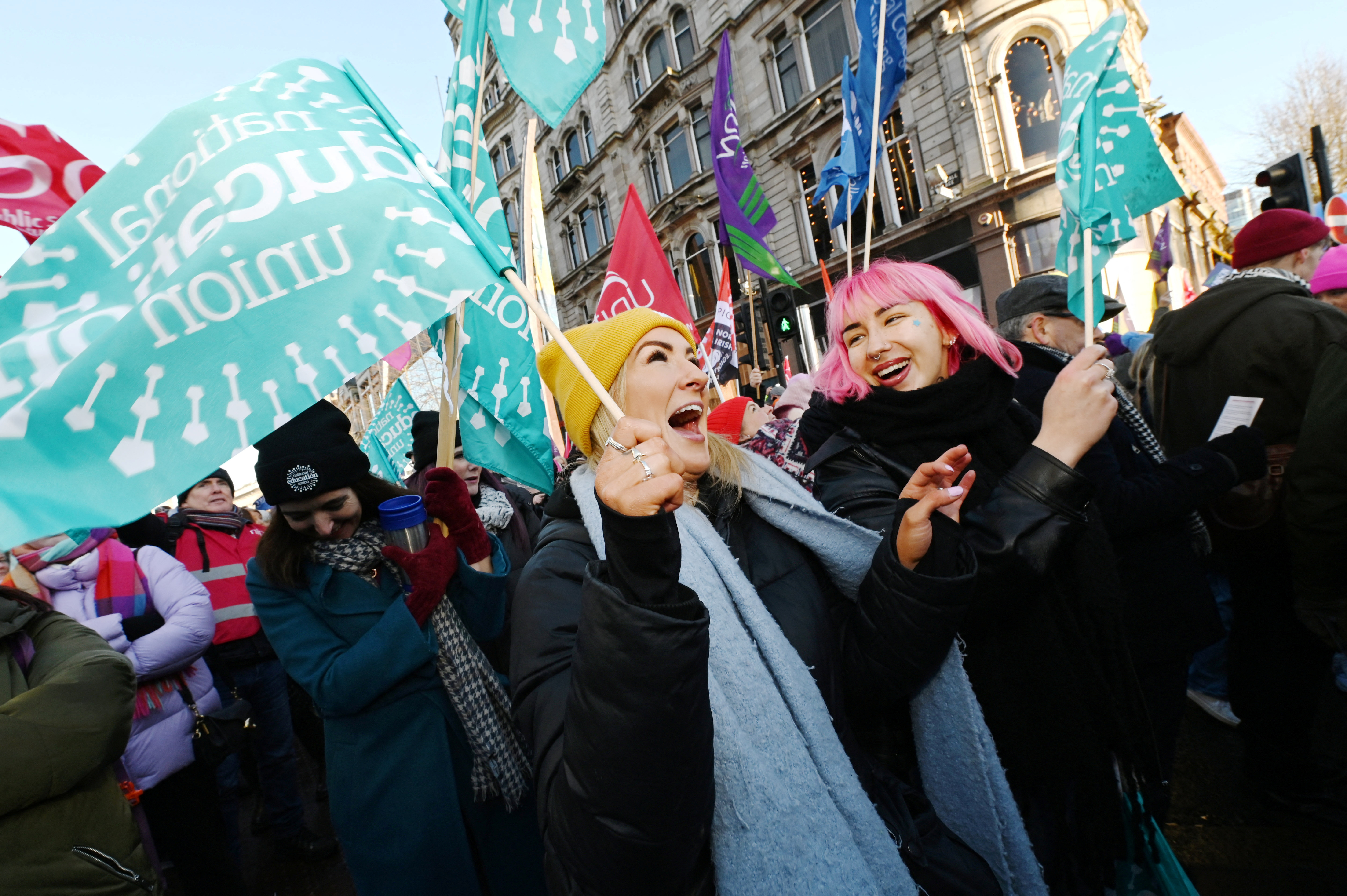 National Education Union members attend a rally at Belfast City Hall during a major strike in Northern Ireland
