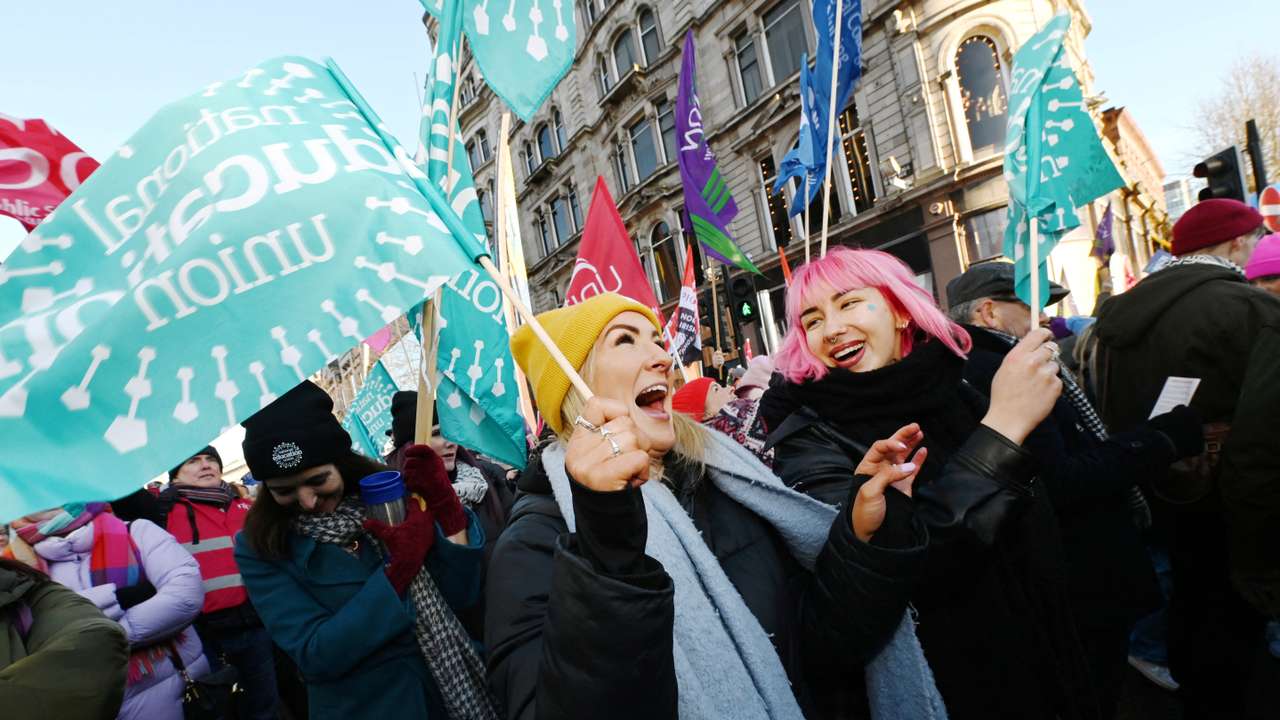 National Education Union members attend a rally at Belfast City Hall during a major strike in Northern Ireland