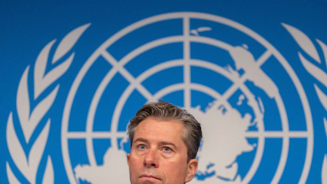 Tom Fletcher, United Nations Under-Secretary-General for Humanitarian Affairs and Emergency Relief Coordinator (OCHA) attends a press conference in Genev