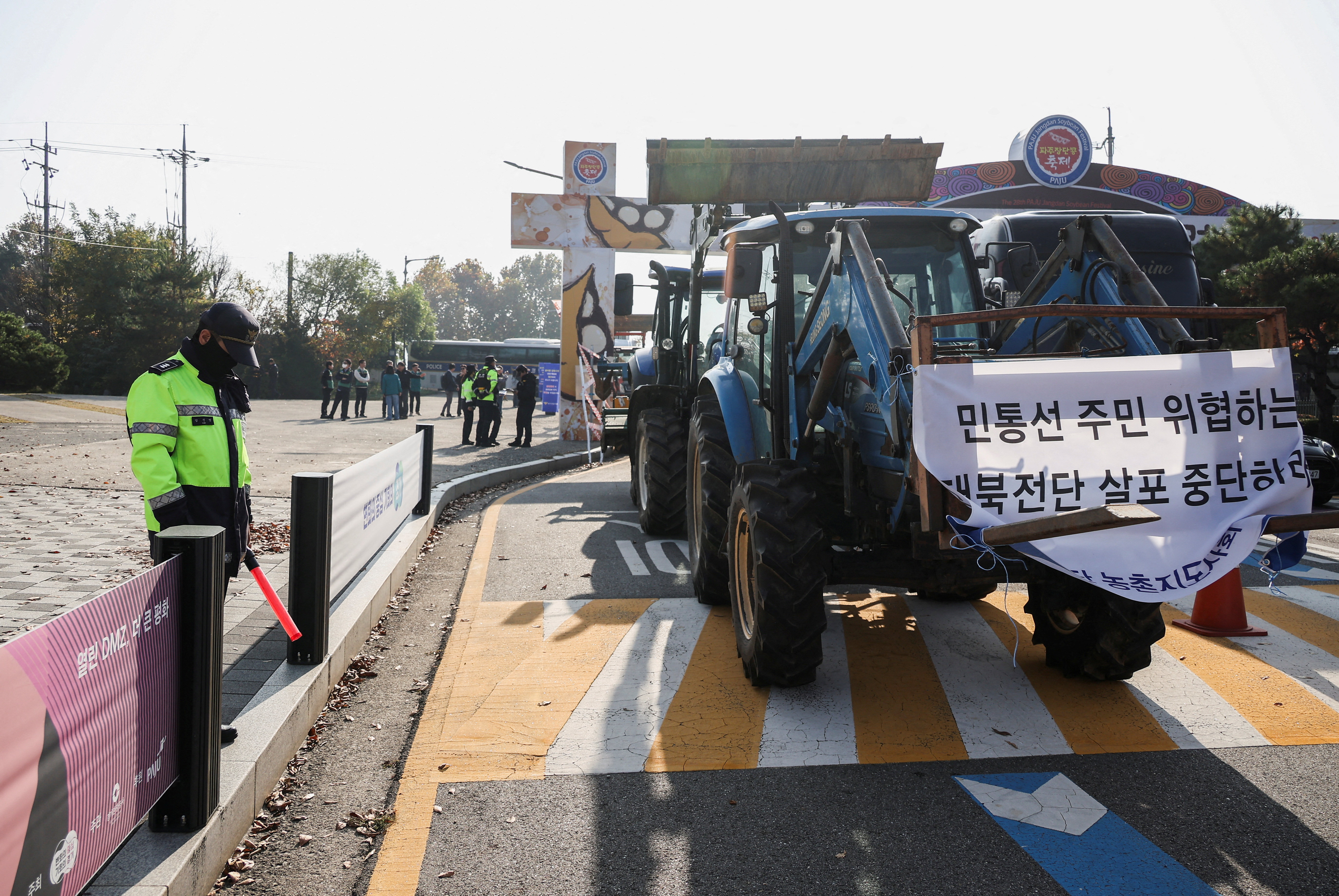 FILE PHOTO: Farmers who live in villages near the Military Demarcation Line (MDL) protest against the launch of anti-North Korean leaflets, in Paju