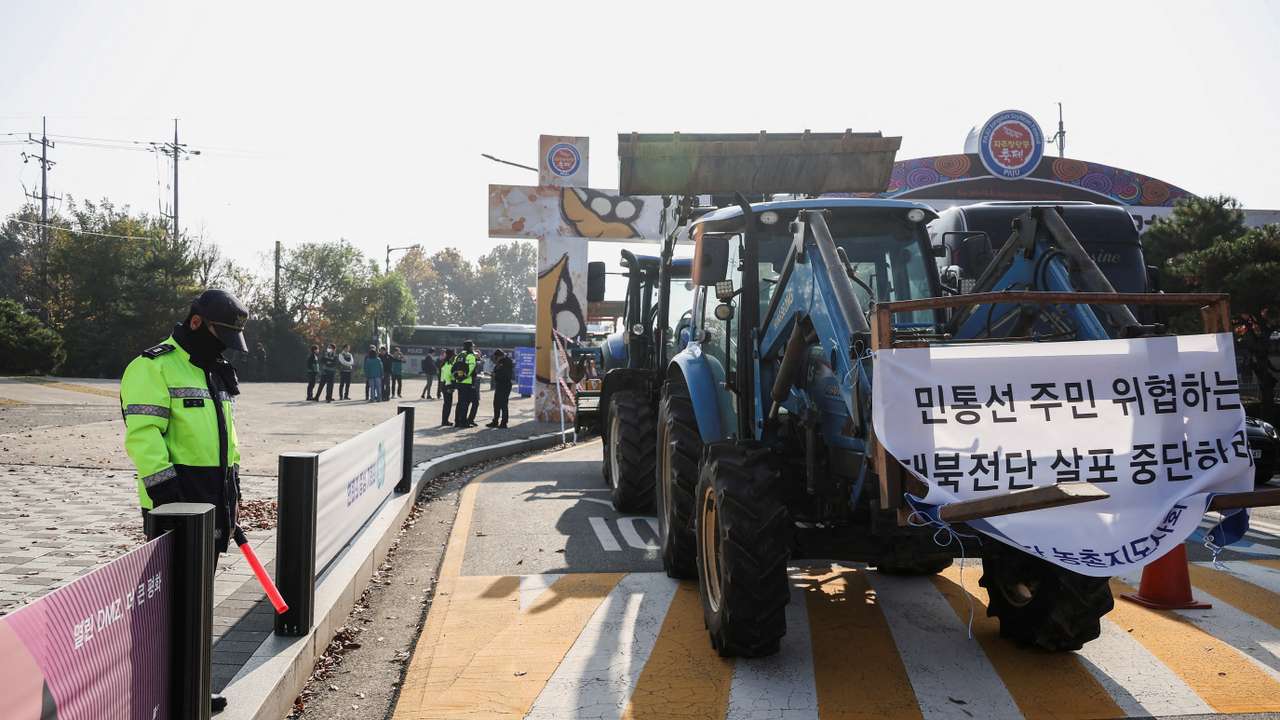FILE PHOTO: Farmers who live in villages near the Military Demarcation Line (MDL) protest against the launch of anti-North Korean leaflets, in Paju