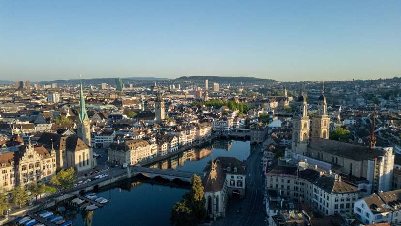 A drone view shows the Limmat river in Zurich, Switzerland