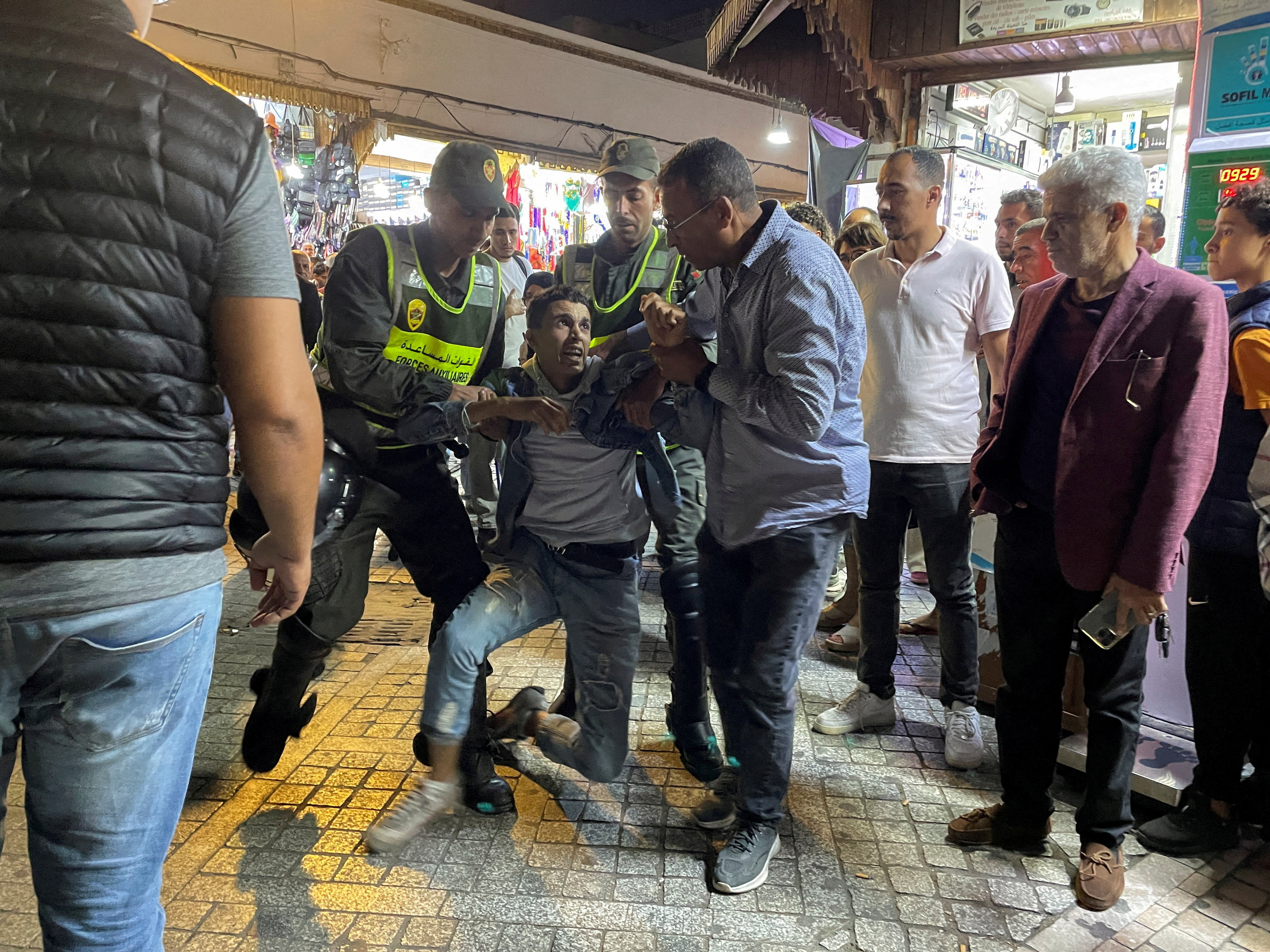 FILE PHOTO: Security forces prevent a protest demanding reforms in education and health from taking place in Rabat