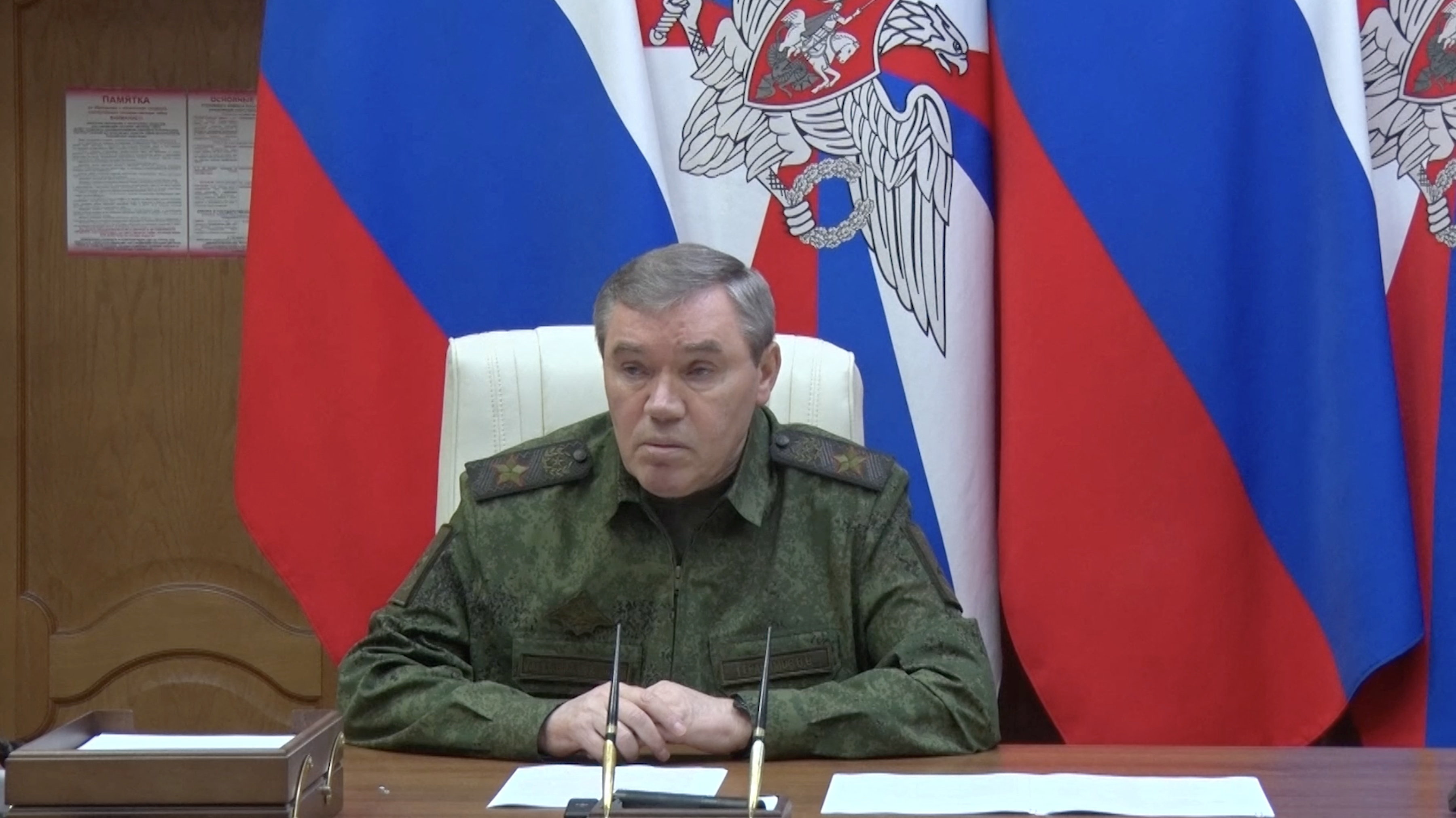 Chief of the General Staff of Russian Armed Forces Valery Gerasimov chairs a meeting with senior military officials at an unknown location